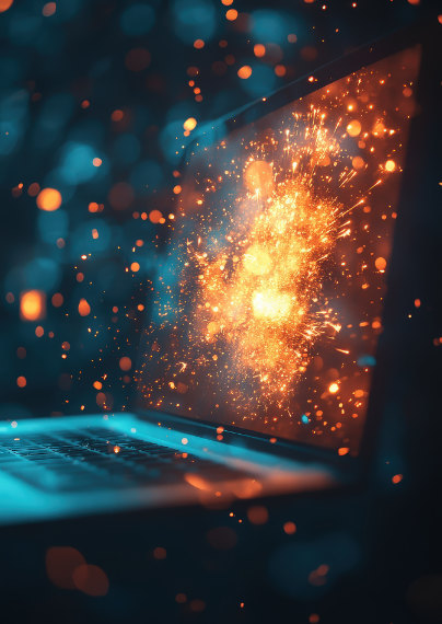Laptop with fiery explosion effect on screen